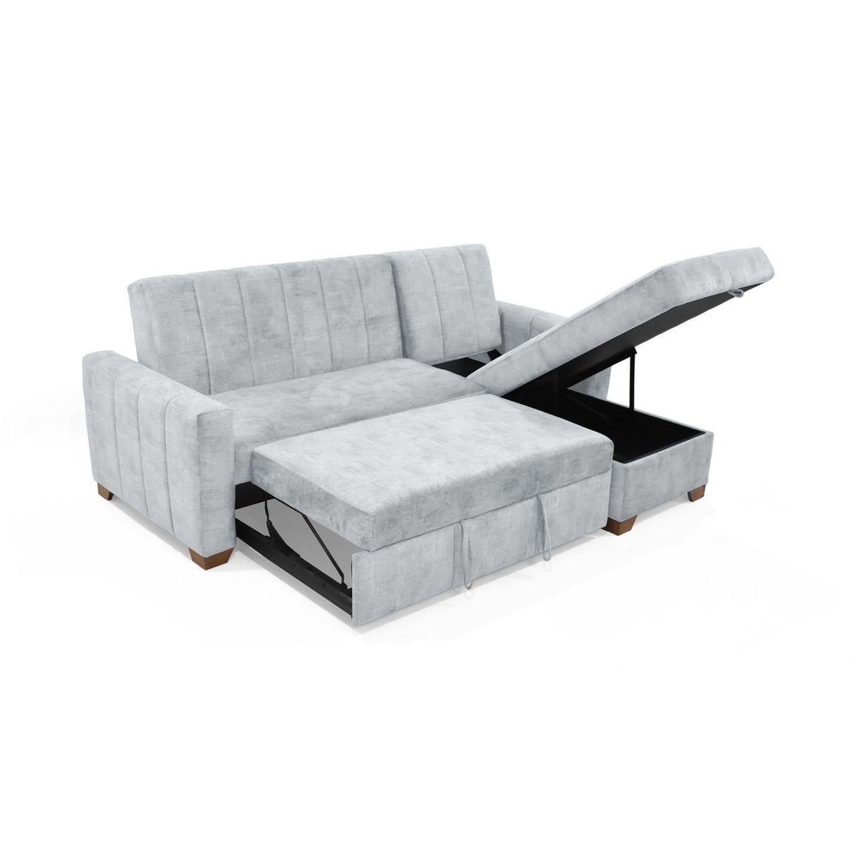 Sofá Cama en L Izquierdo Apolo Plata y Matiz Caoba 220x92cm de Tres Puestos Reclinable con Almacenamiento y con Apoya Brazos