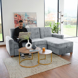Sofá Cama en L Izquierdo Apolo Plata y Matiz Caoba 220x92cm de Tres Puestos Reclinable con Almacenamiento y con Apoya Brazos