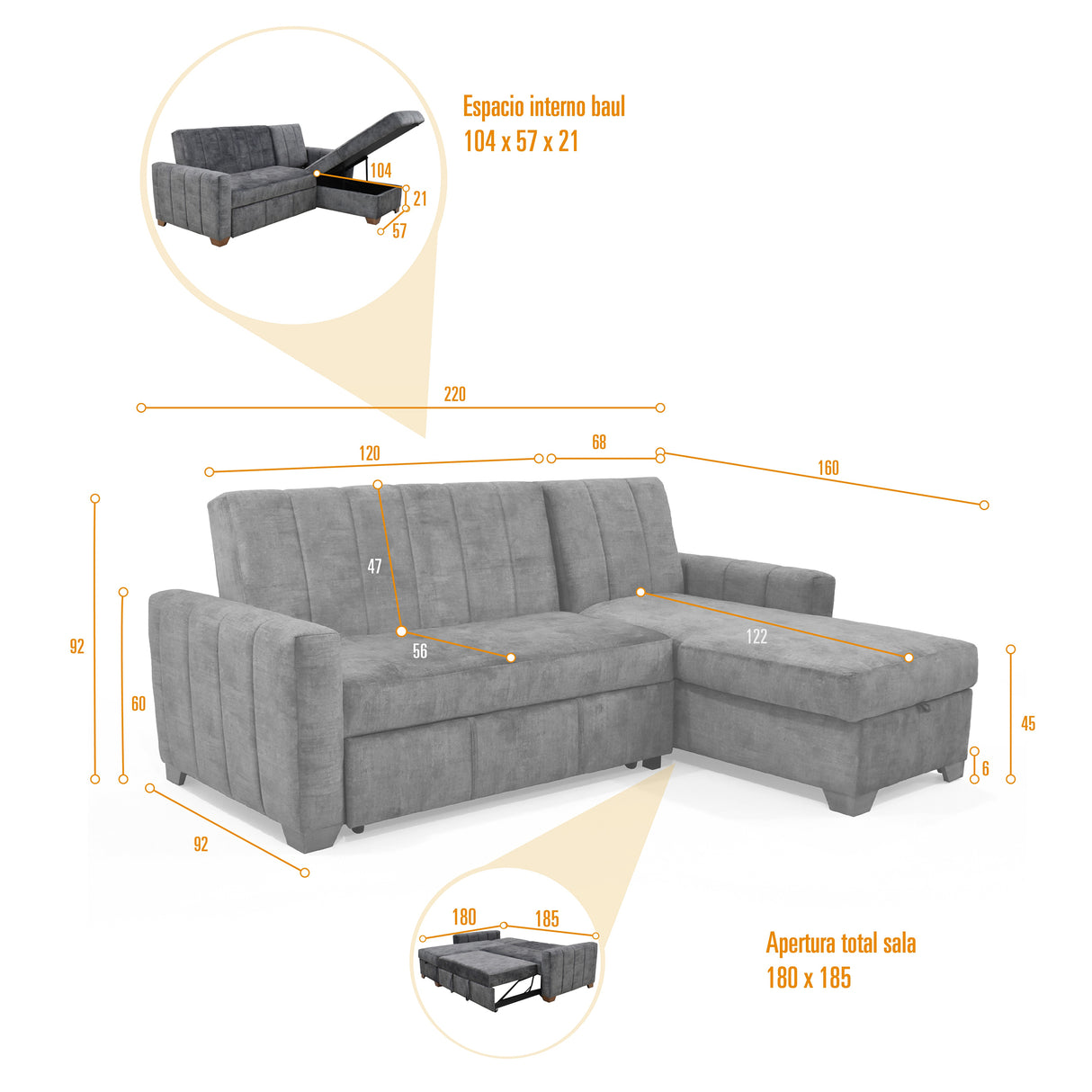 Sofá Cama en L Izquierdo Apolo Plata y Matiz Caoba 220x92cm de Tres Puestos Reclinable con Almacenamiento y con Apoya Brazos