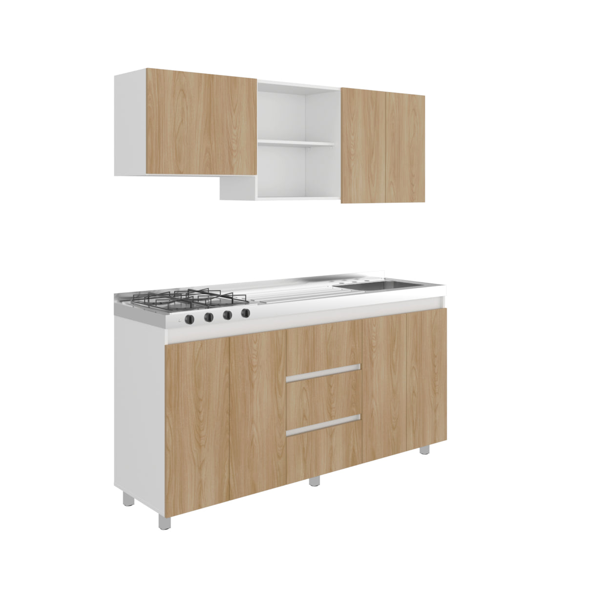 Cocina Boreal Blanco Fresno 180x210cm con Mesón de Acero Inoxidable Lado Derecho y sin Estufa