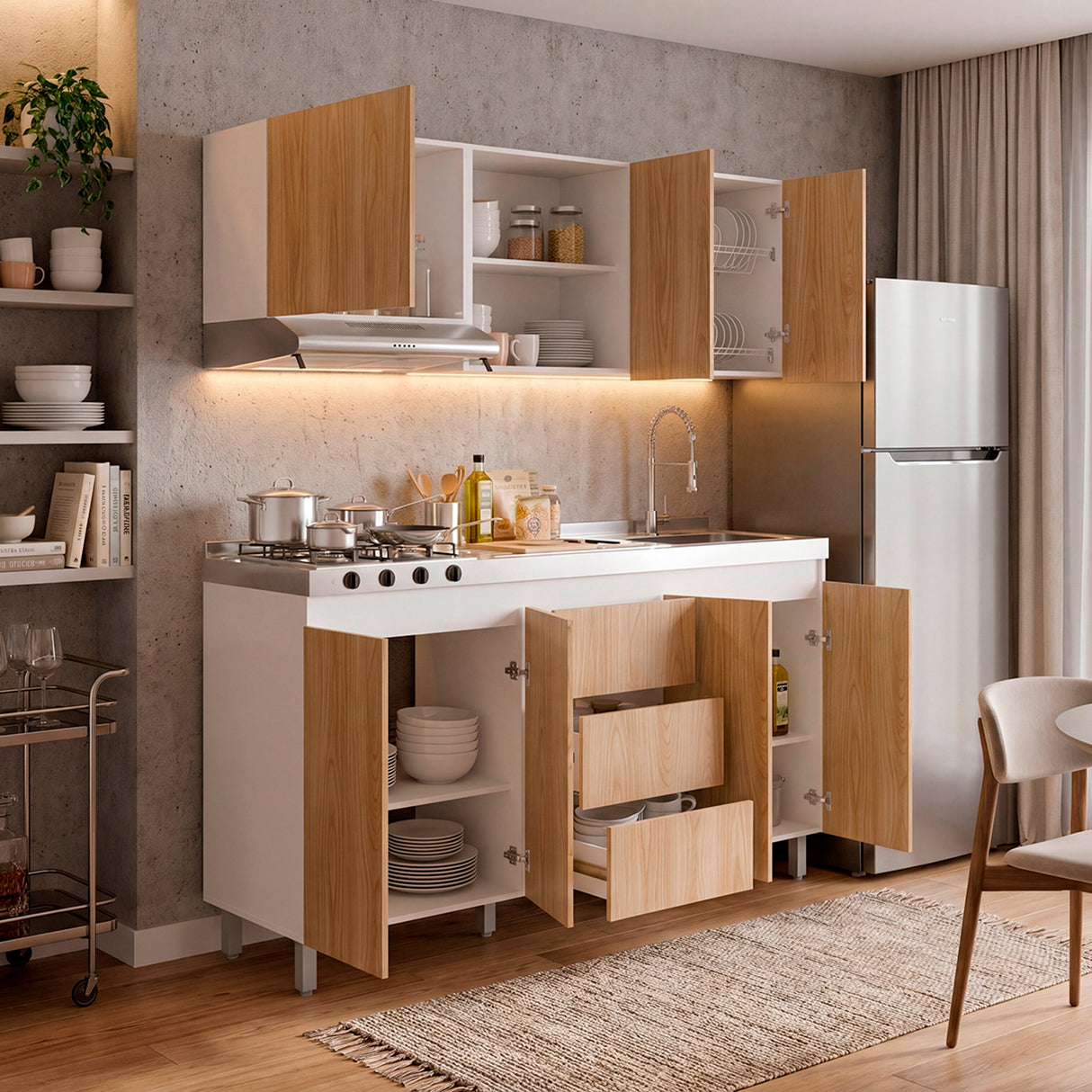 Cocina Boreal Blanco Fresno 180x210cm con Mesón de Acero Inoxidable Lado Derecho y sin Estufa
