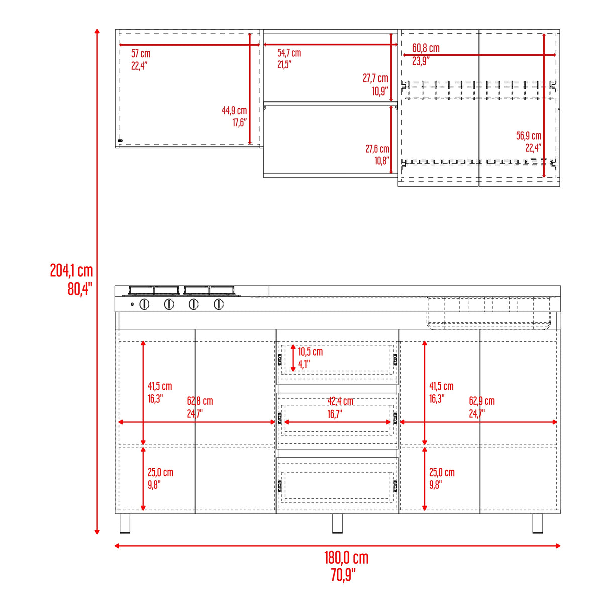 Cocina Boreal Blanco Fresno 180x210cm con Mesón de Acero Inoxidable Lado Derecho y sin Estufa