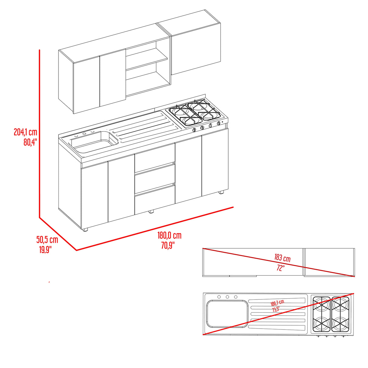 Cocina Boreal Blanco Fresno 180x210cm con Mesón de Acero Inoxidable Lado Izquierdo y sin Estufa