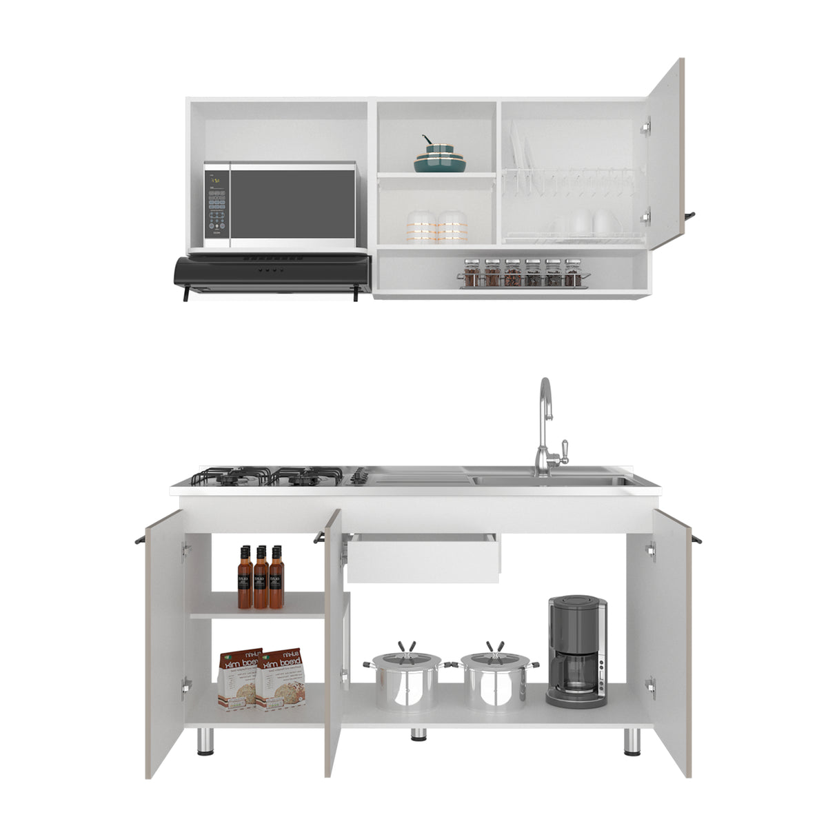 Cocina Orquidea Blanco Positano 150x210cm con Mesón de Acero Inoxidable Lado Derecho y sin Estufa
