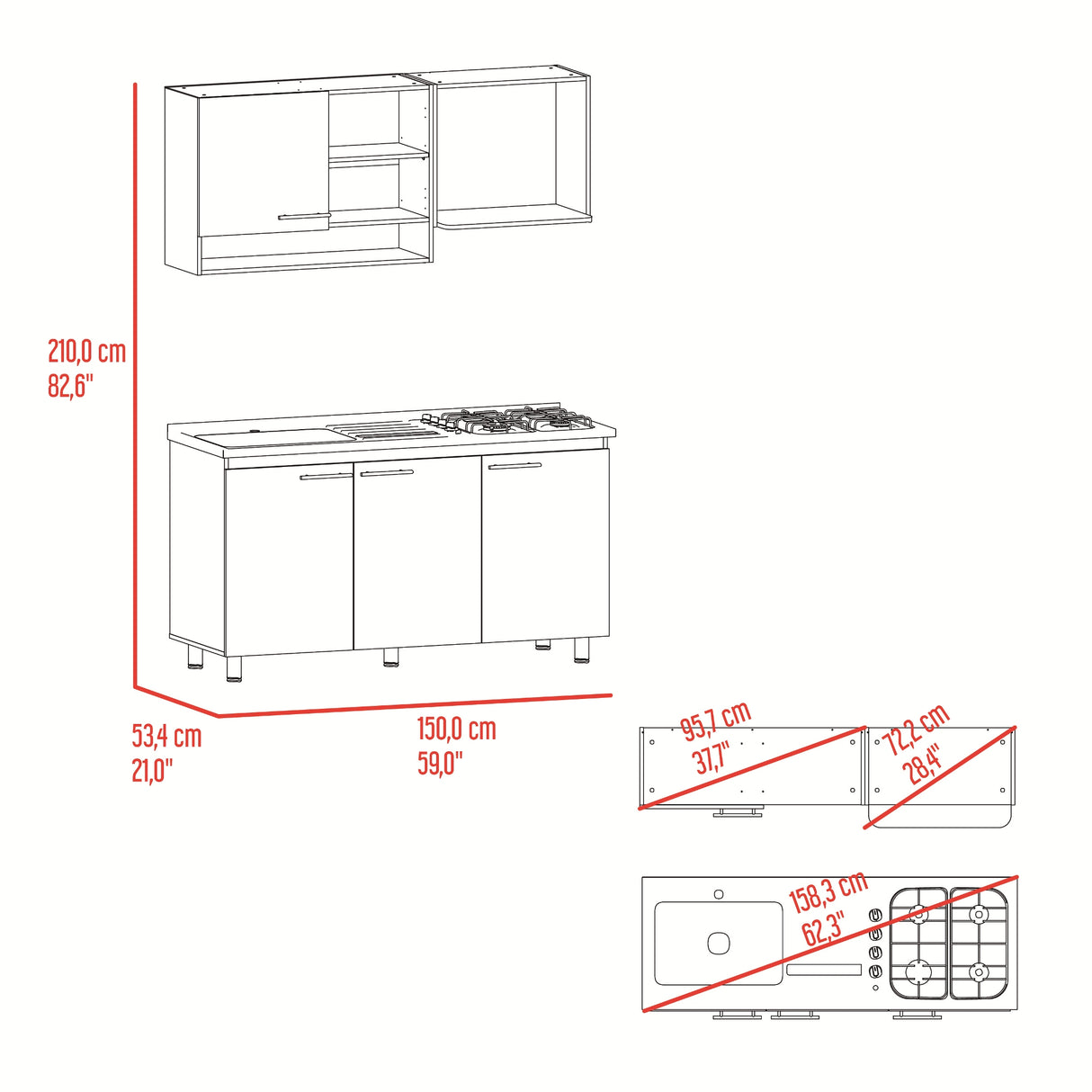 Cocina Orquidea Blanco Positano 150x210cm con Mesón de Acero Inoxidable Lado Izquierdo y sin Estufa