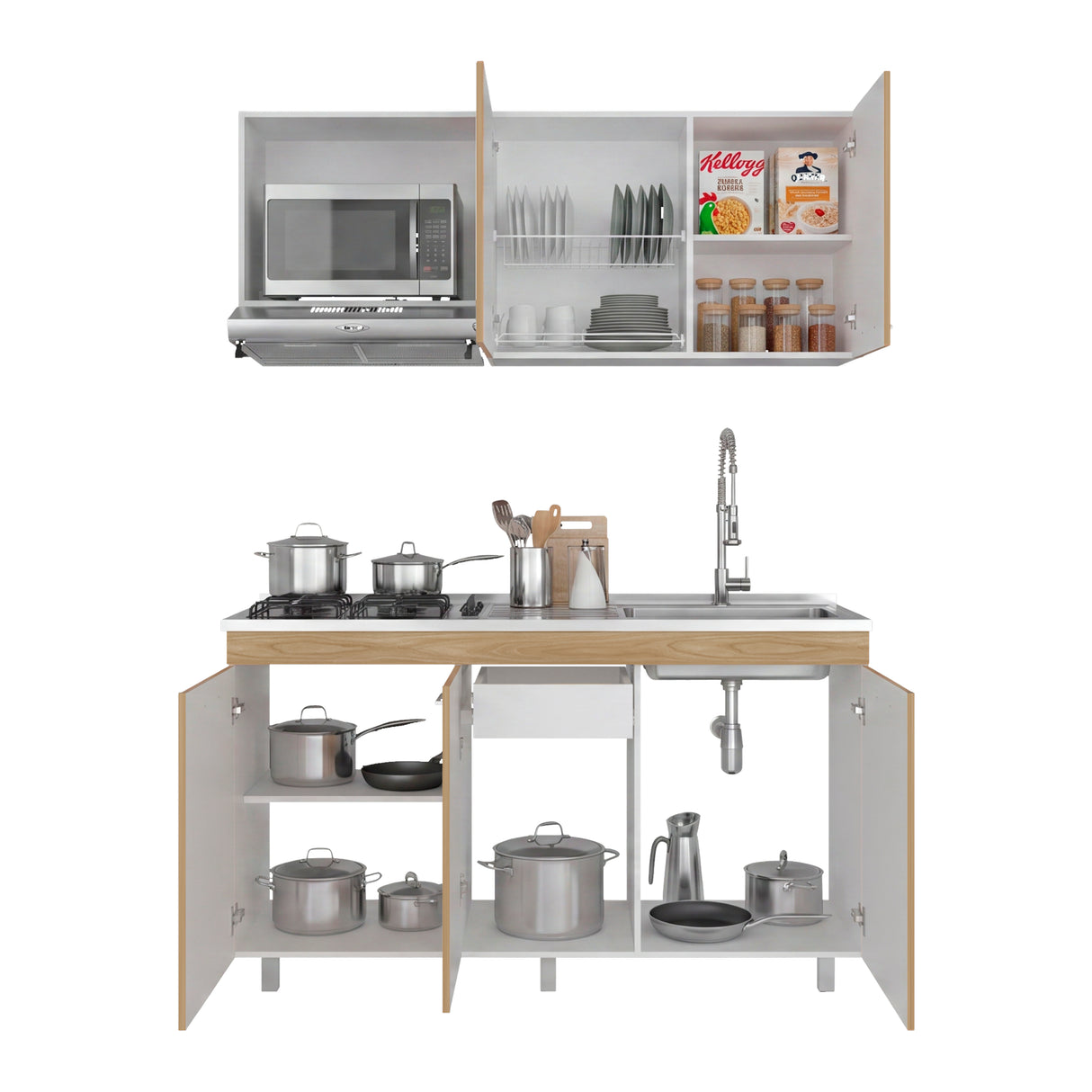 Cocina Miro Blanco y Fresno 150x210cm con Mesón de Acero Inoxidable Lado Derecho y sin Estufa