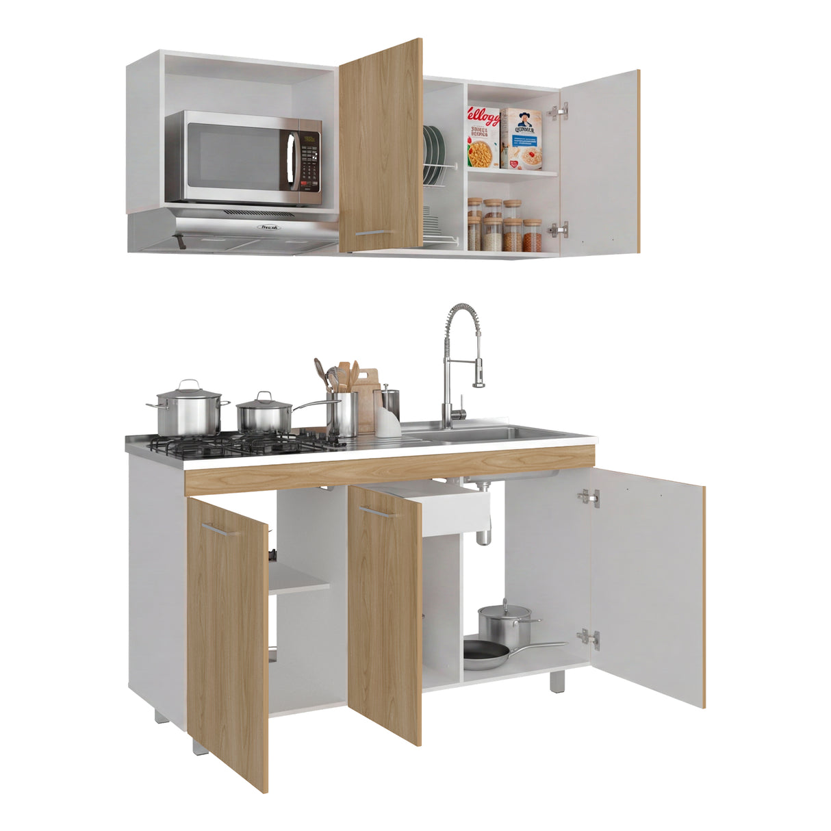 Cocina Miro Blanco y Fresno 150x210cm con Mesón de Acero Inoxidable Lado Derecho y sin Estufa