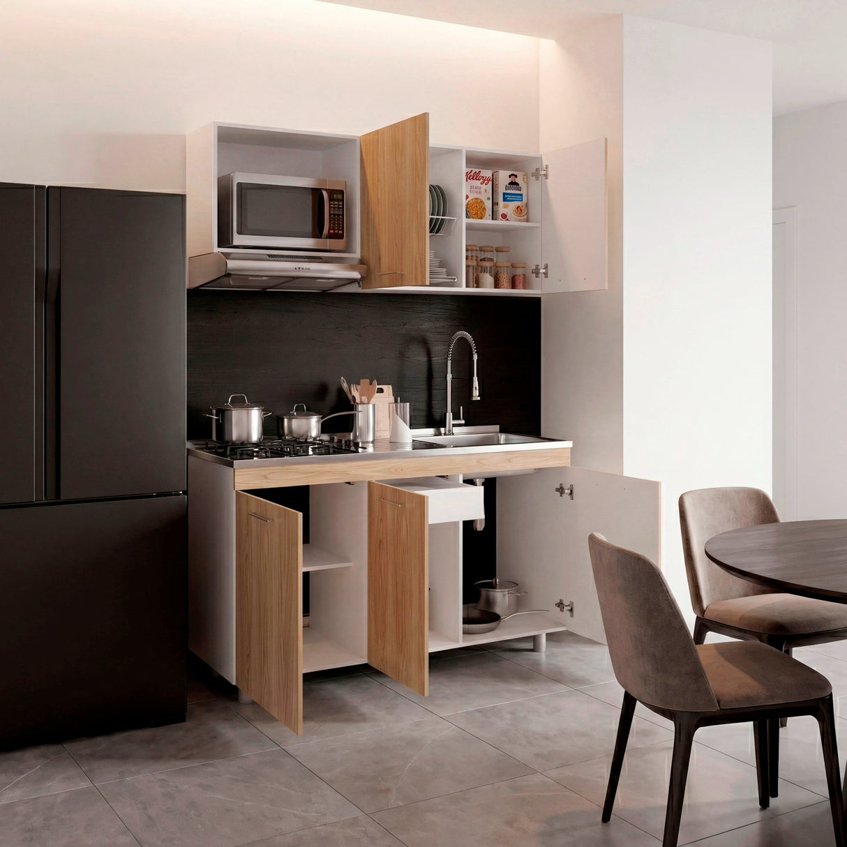 Cocina Miro Blanco y Fresno 150x210cm con Mesón de Acero Inoxidable Lado Derecho y sin Estufa