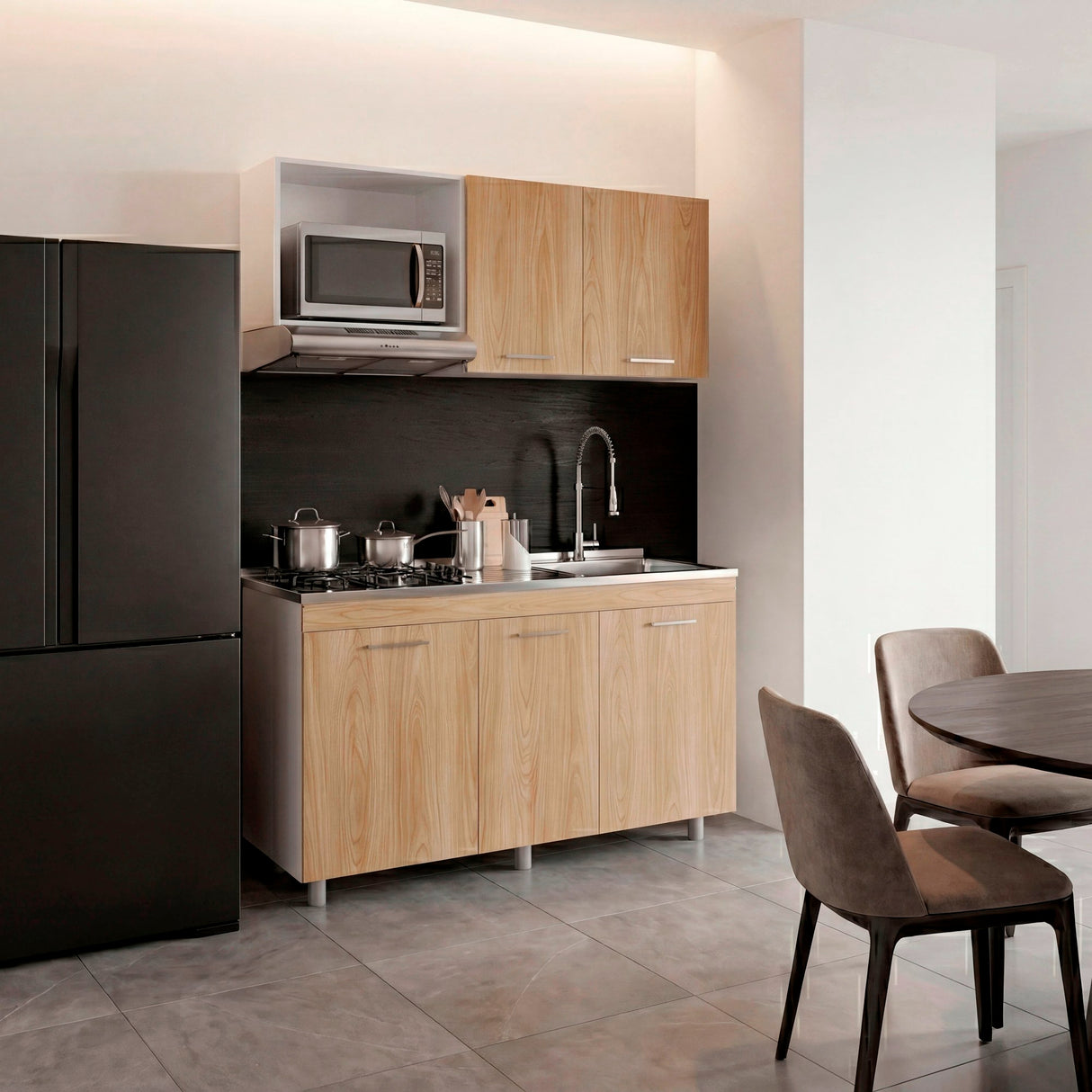 Cocina Miro Blanco y Fresno 150x210cm con Mesón de Acero Inoxidable Lado Derecho y sin Estufa
