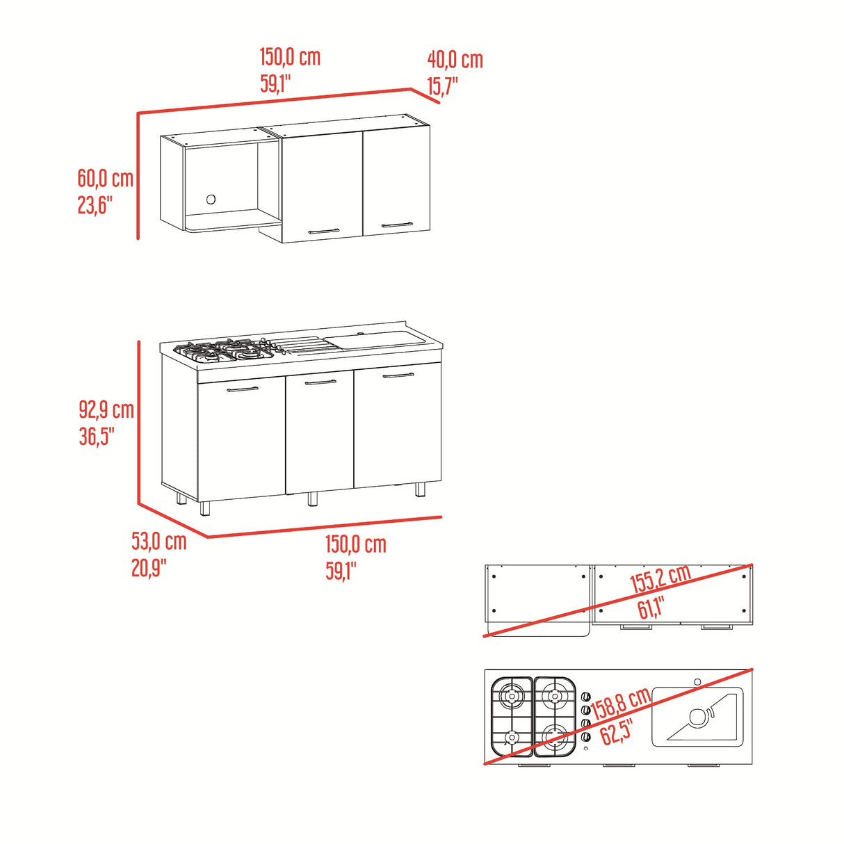 Cocina Miro Blanco y Fresno 150x210cm con Mesón de Acero Inoxidable Lado Derecho y sin Estufa