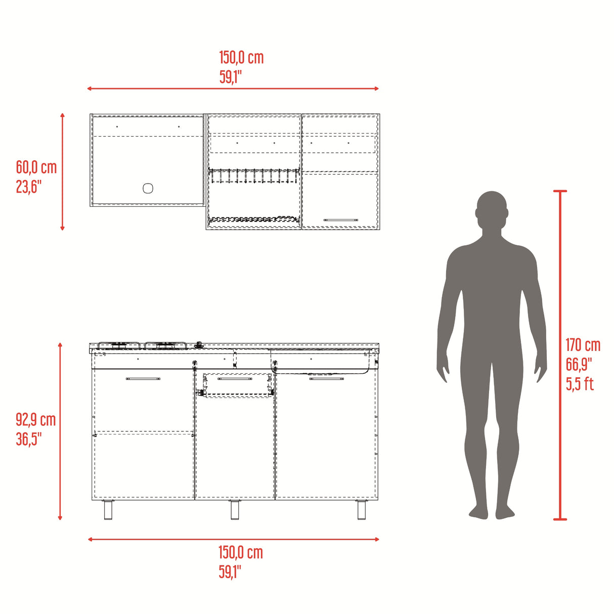Cocina Miro Blanco y Fresno 150x210cm con Mesón de Acero Inoxidable Lado Derecho y sin Estufa