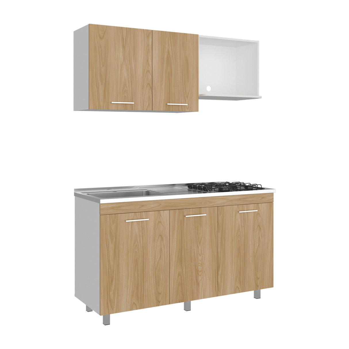Cocina Miro Blanco y Fresno 150x210cm con Mesón de Acero Inoxidable Lado Izquierdo y sin Estufa