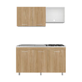 Cocina Miro Blanco y Fresno 150x210cm con Mesón de Acero Inoxidable Lado Izquierdo y sin Estufa
