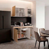 Cocina Miro Blanco y Fresno 150x210cm con Mesón de Acero Inoxidable Lado Izquierdo y sin Estufa