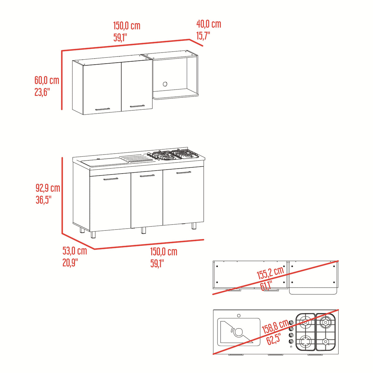 Cocina Miro Blanco y Fresno 150x210cm con Mesón de Acero Inoxidable Lado Izquierdo y sin Estufa