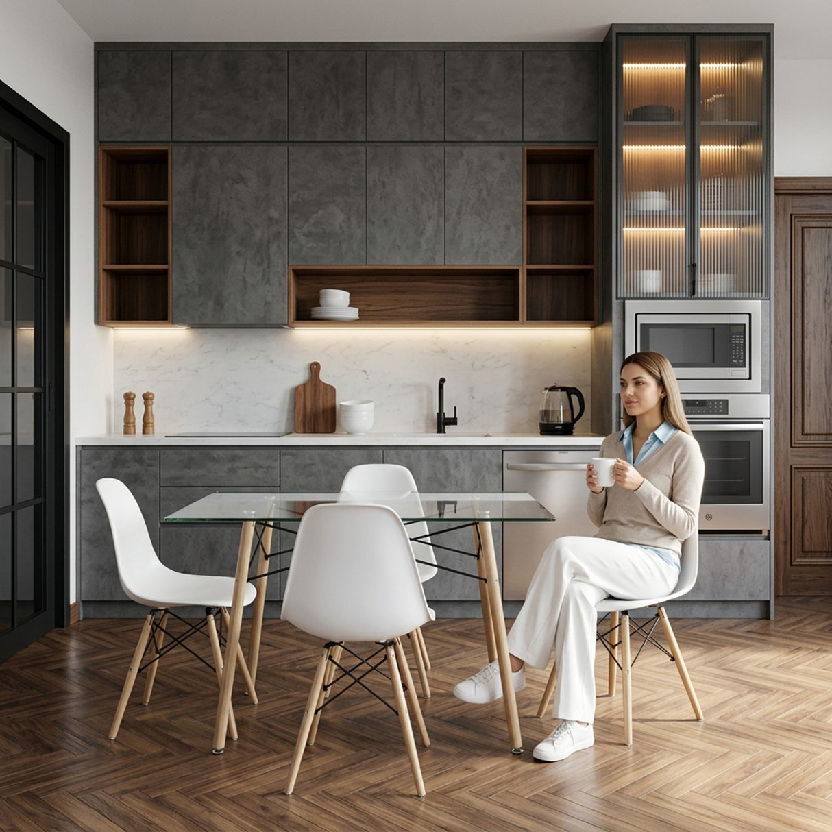 Juego de comedor Belfast Blanco y Matiz Natural 120x72cm Rectangular de Patas Cuatro Puestos con Cuatro Sillas