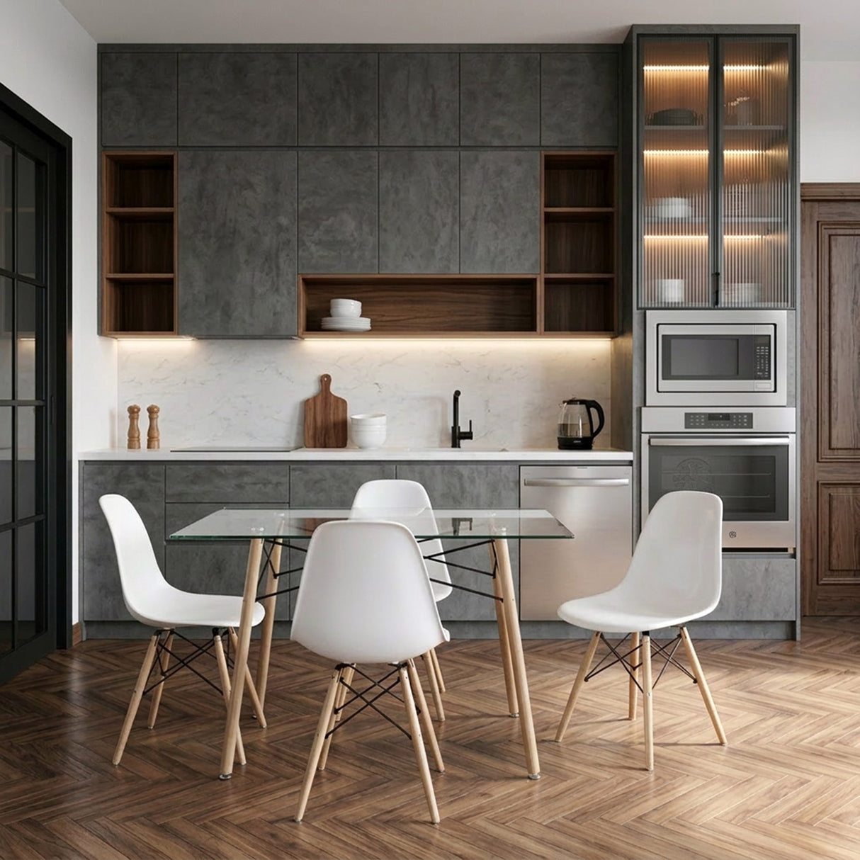 Juego de comedor Belfast Blanco y Matiz Natural 120x72cm Rectangular de Patas Cuatro Puestos con Cuatro Sillas