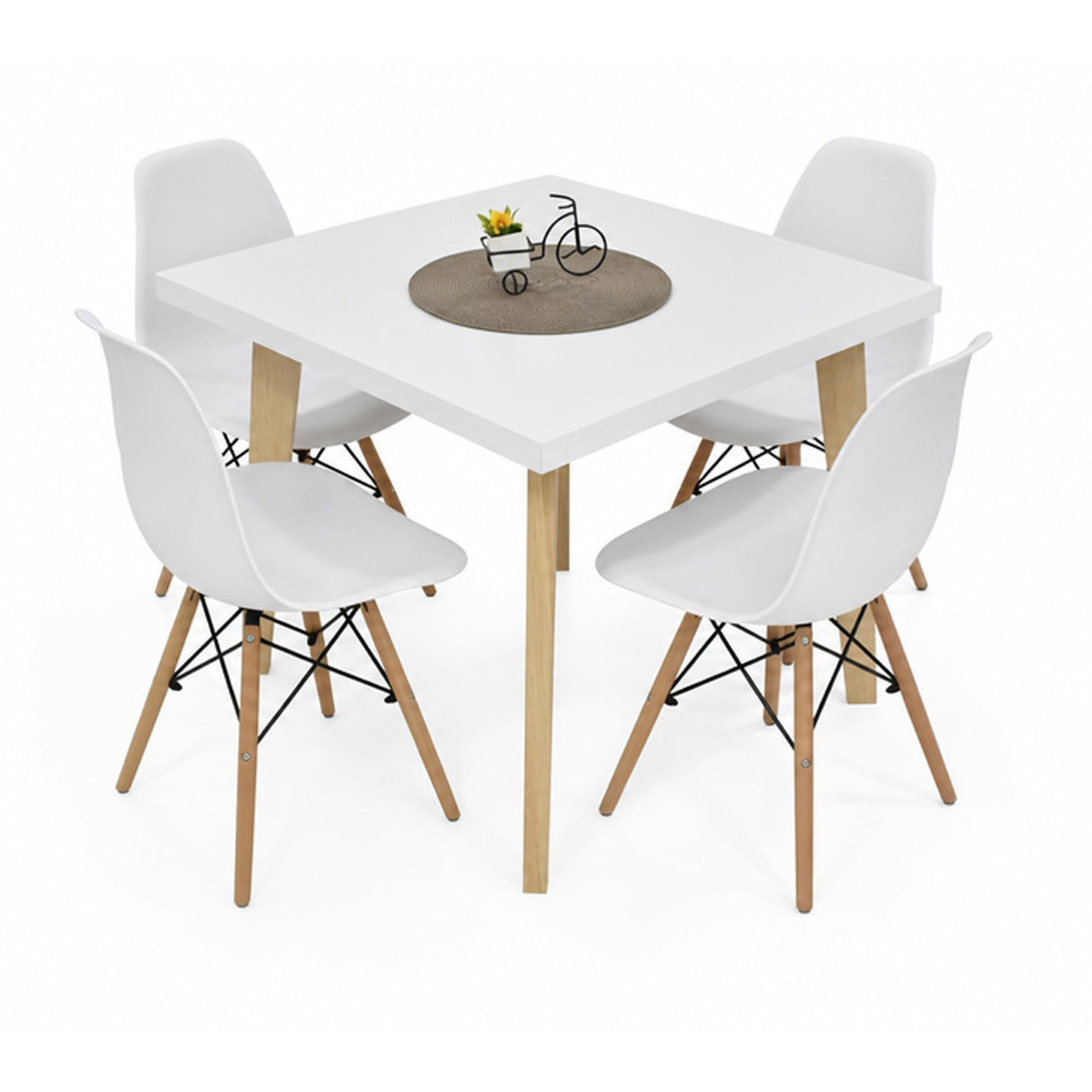 Juego de comedor Lyon Blanco y Matiz Natural 76x76cm Cuadrado de Patas Cuatro Puestos con Cuatro Sillas