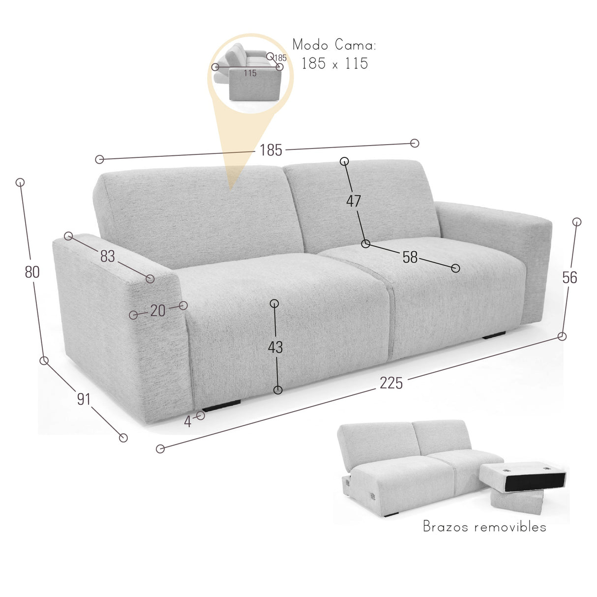 Sofacama Boston Plata y Matiz Wengue 225x80cm de Tres Puestos Reclinable con Apoya Brazos