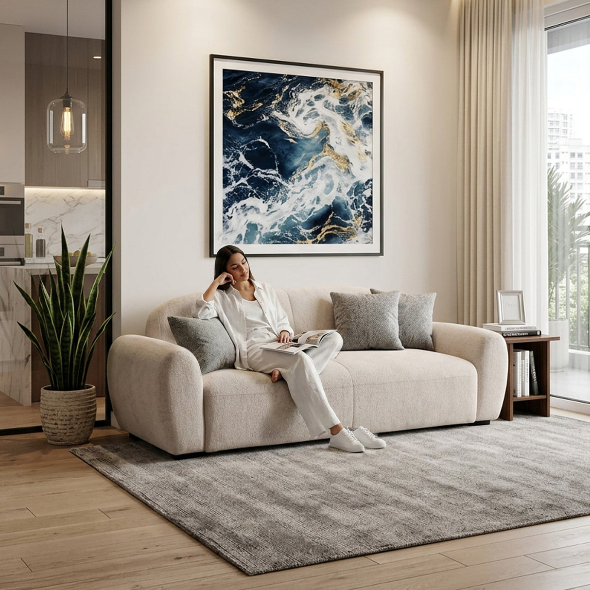 Sofacama Auren Beige y Matiz Wengue 240x85cm de Tres Puestos Reclinable con Apoya Brazos