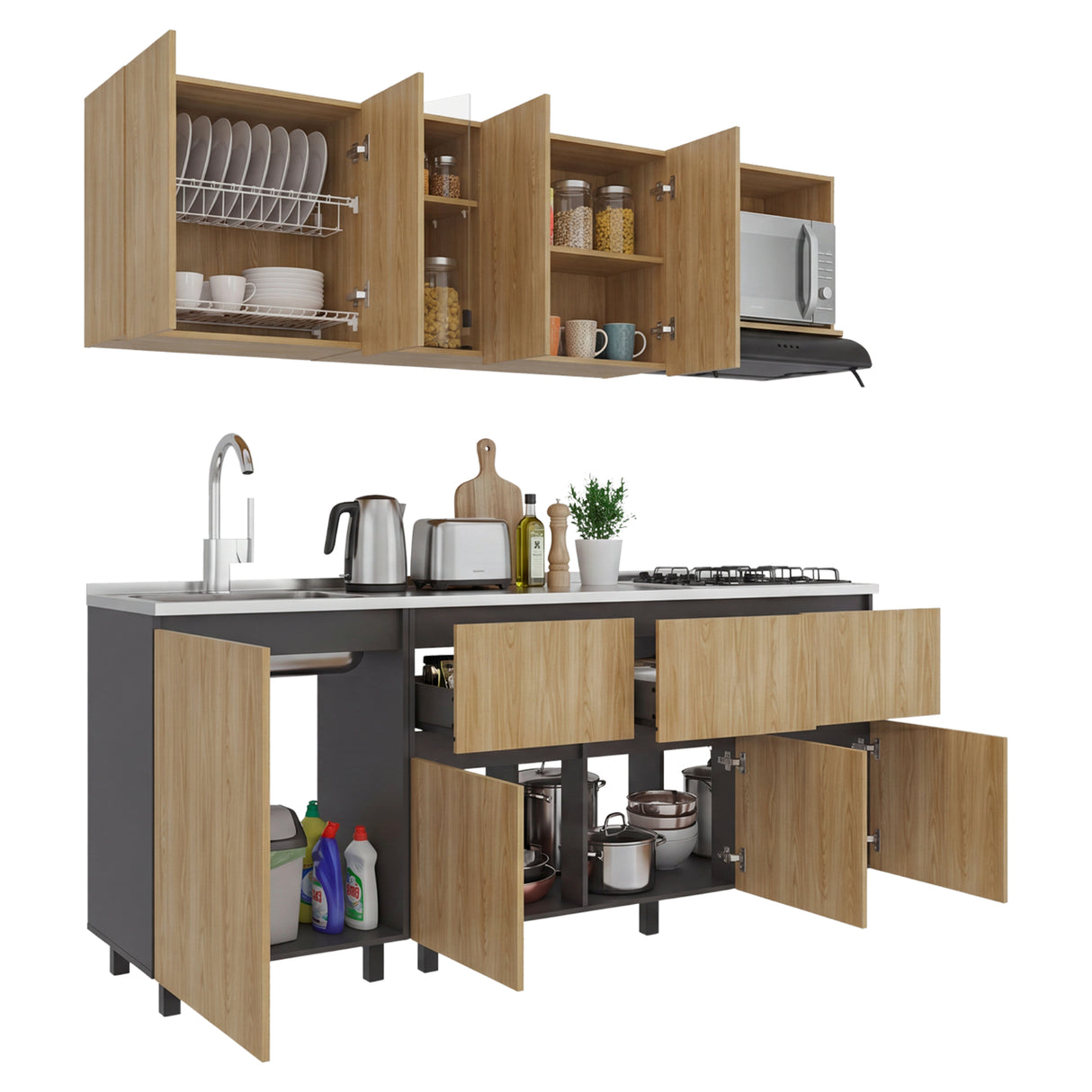 Cocina Lirio Fresno Europeo 212x155.3cm con Mesón de Acero Inoxidable Lado Izquierdo y con Estufa