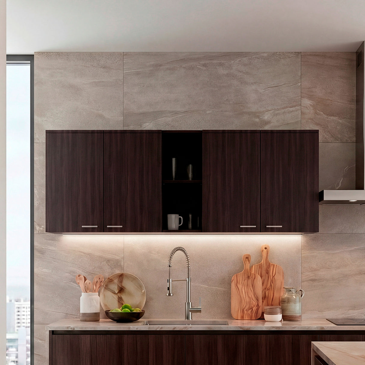 Gabinete de Cocina Portofino Nogal 150x60cm con Cuatro Puertas y con Dos Entrepaños