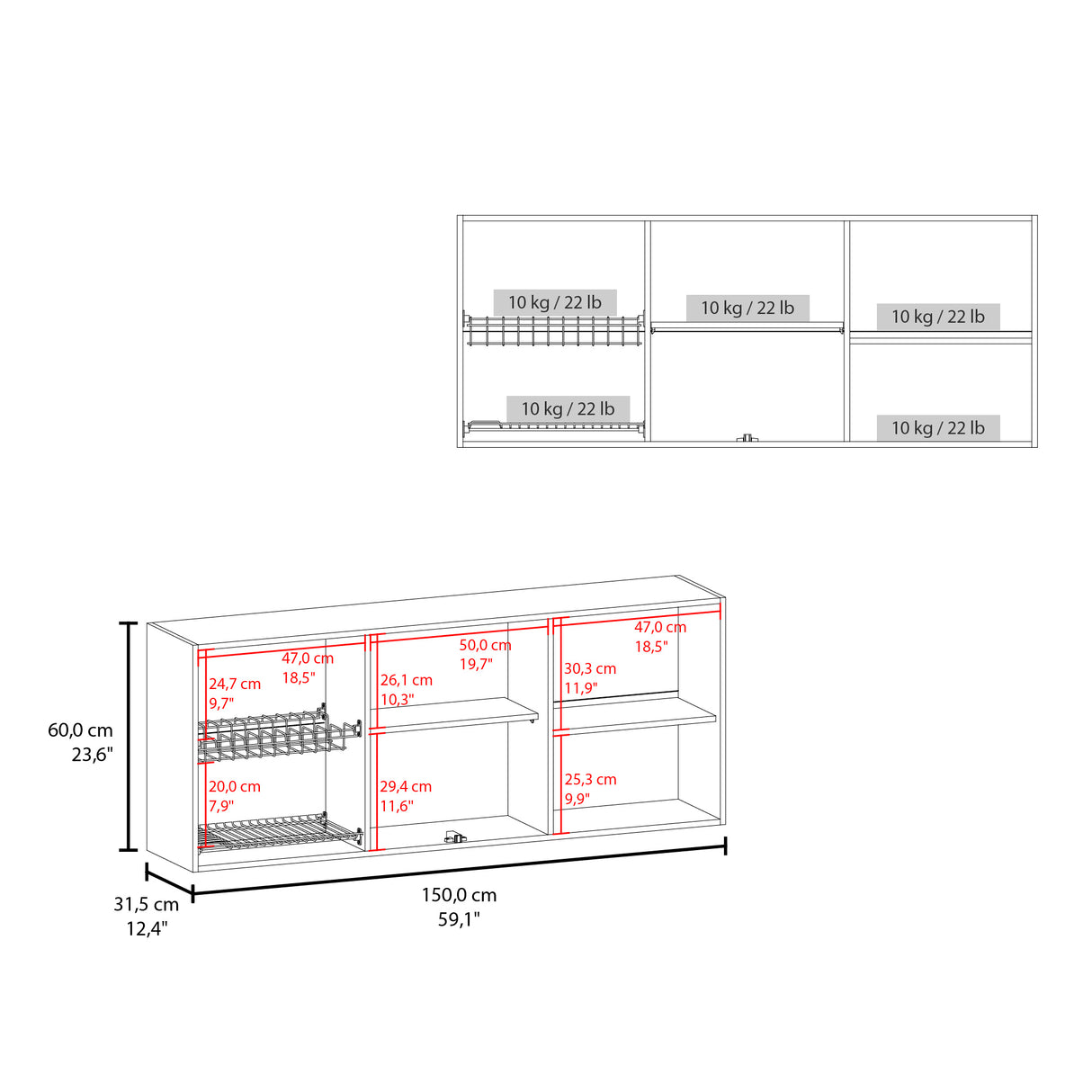 Mueble Superior de Cocina Nogal 150x60cm con Seis Puertas con Dos Entrepaños y con Locero