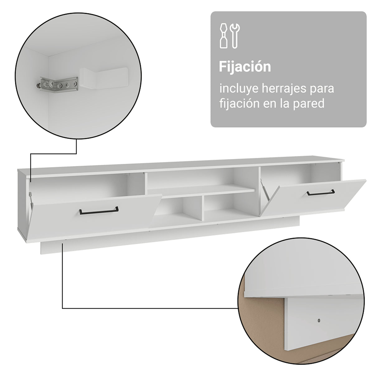 Rack de TV Agata Blanco 218x52cm para TV Hasta 80 Pulgadas Flotante con Cinco Cajones