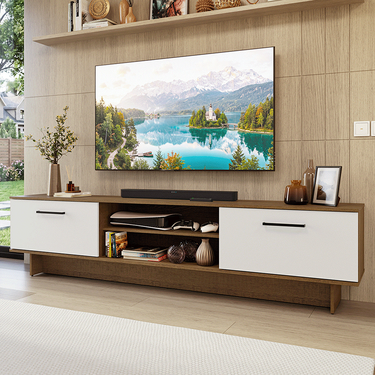 Rack de TV Agata Marrón y Blanco 218x52cm para TV Hasta 80 Pulgadas con Cinco Cajones