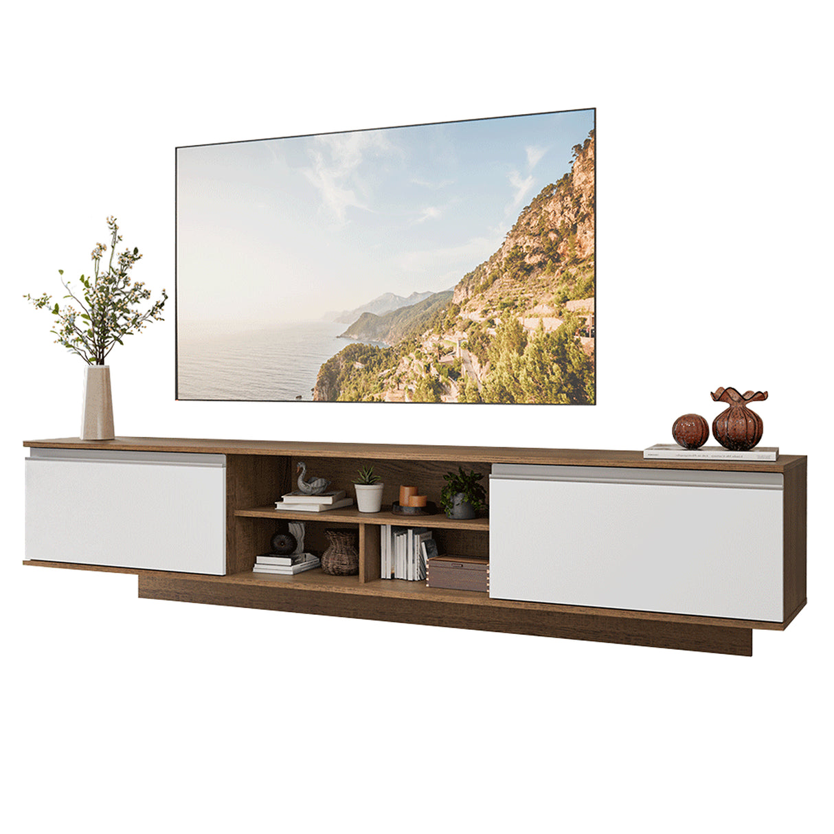 Rack de TV Glamy Marrón y Blanco 218x52cm para TV Hasta 80 Pulgadas Flotante con Cinco Cajones
