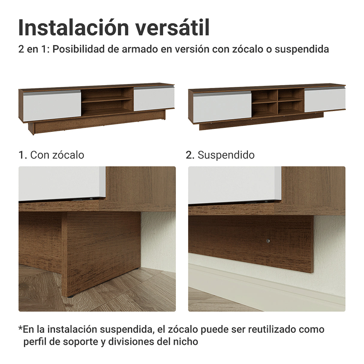 Rack de TV Glamy Marrón y Blanco 218x52cm para TV Hasta 80 Pulgadas Flotante con Cinco Cajones