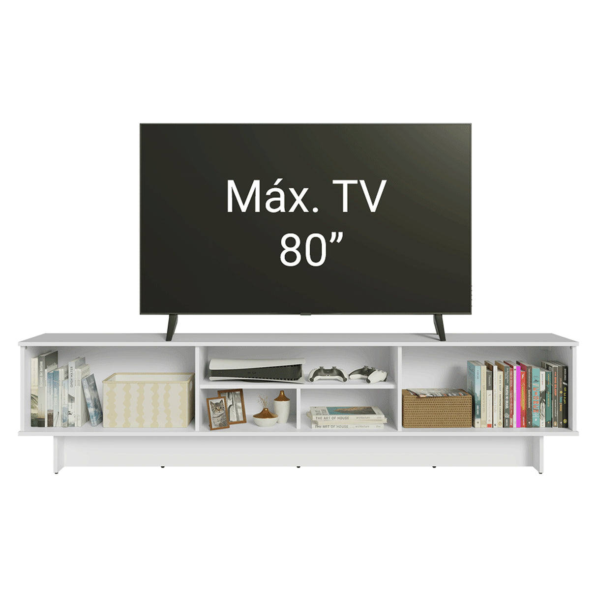 Rack de TV Glamy Blanco y Marrón 218x52cm para TV Hasta 80 Pulgadas con Cinco Cajones