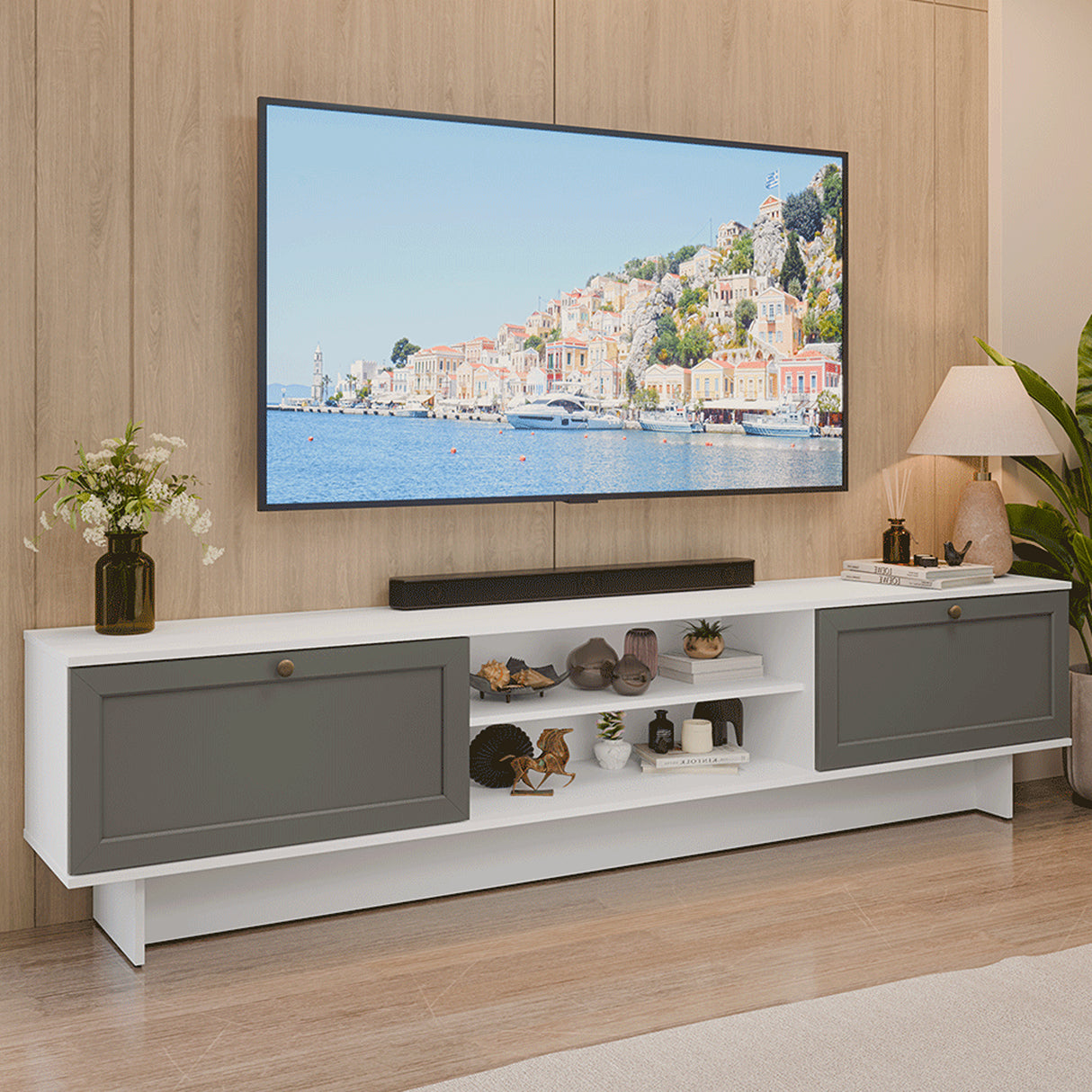 Rack de TV Vik Blanco y Gris 218x52cm para TV Hasta 80 Pulgadas con Cinco Cajones