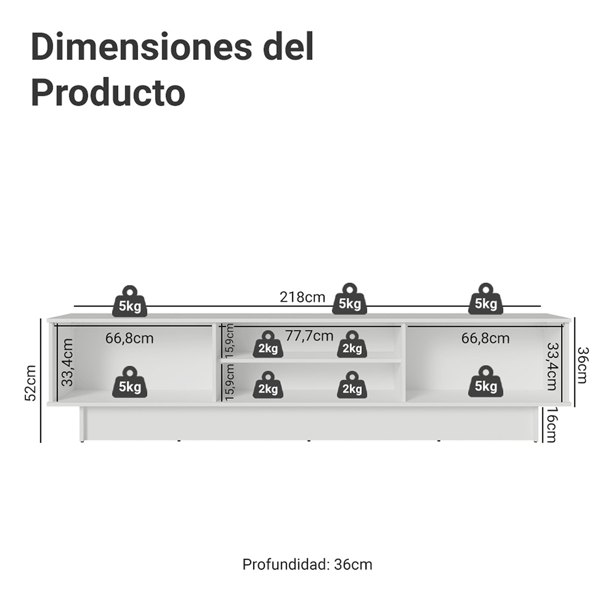 Rack de TV Vik Blanco y Gris 218x52cm para TV Hasta 80 Pulgadas con Cinco Cajones