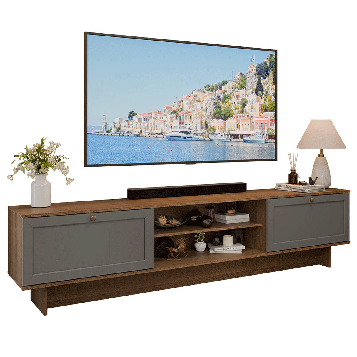 Rack de TV Vik Marrón y Gris 218x52cm para TV Hasta 80 Pulgadas con Cinco Cajones