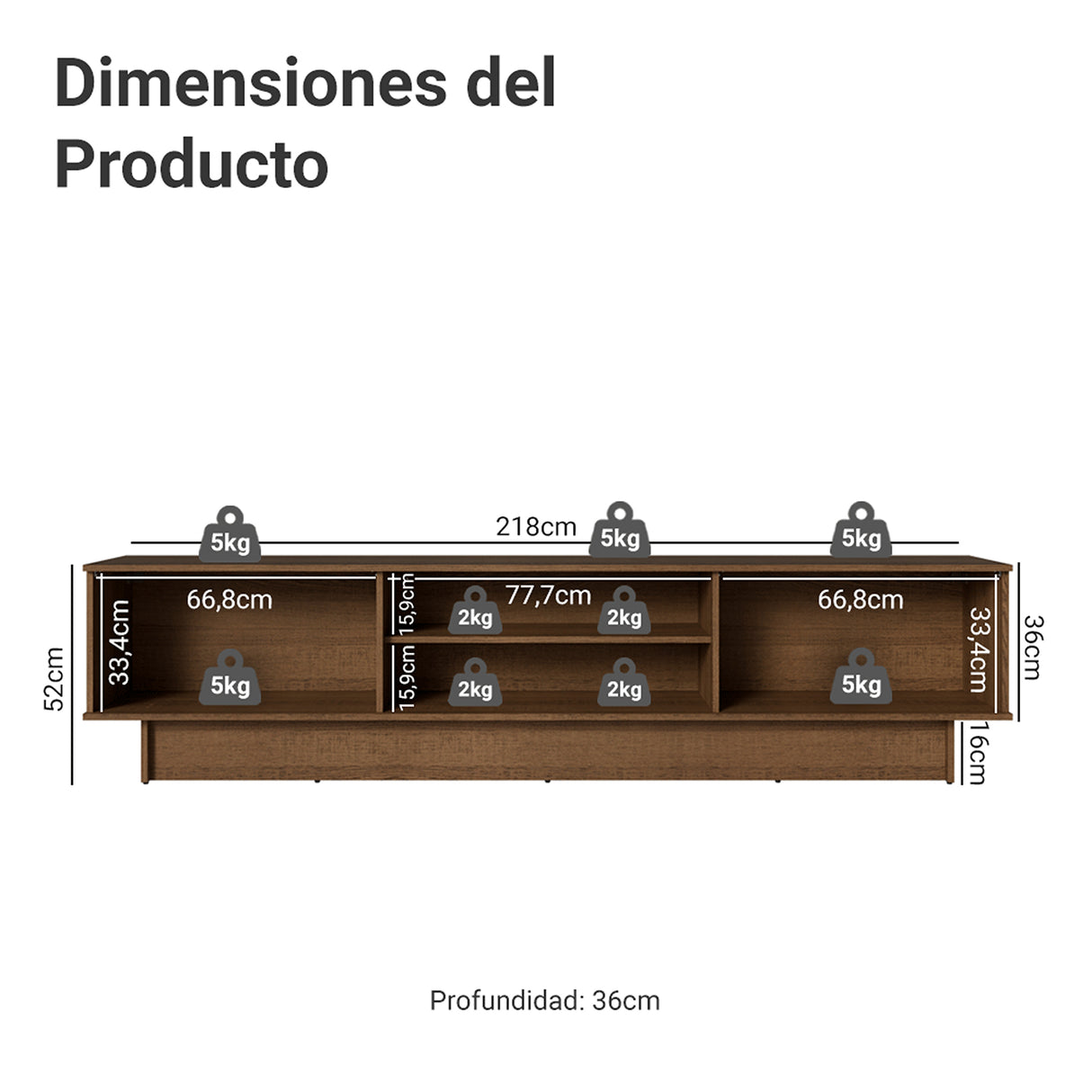 Rack de TV Vik Marrón y Gris 218x52cm para TV Hasta 80 Pulgadas con Cinco Cajones