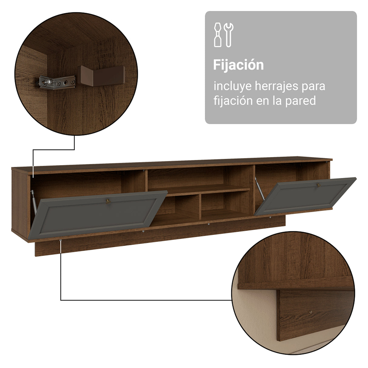 Rack de TV Vik Marrón y Gris 218x52cm para TV Hasta 80 Pulgadas Flotante con Cinco Cajones