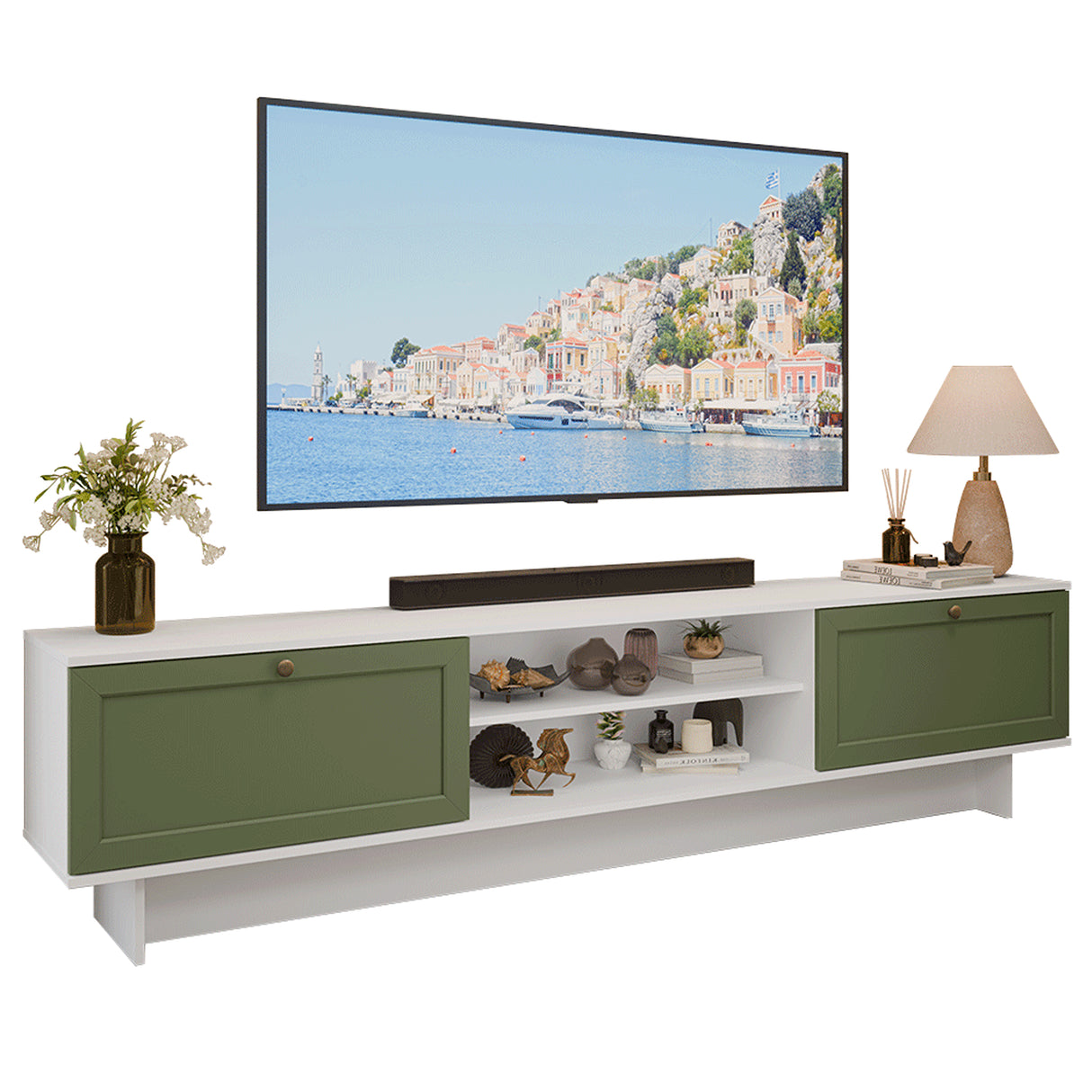 Rack de TV Vik Blanco y Verde 218x52cm para TV Hasta 80 Pulgadas con Cinco Cajones