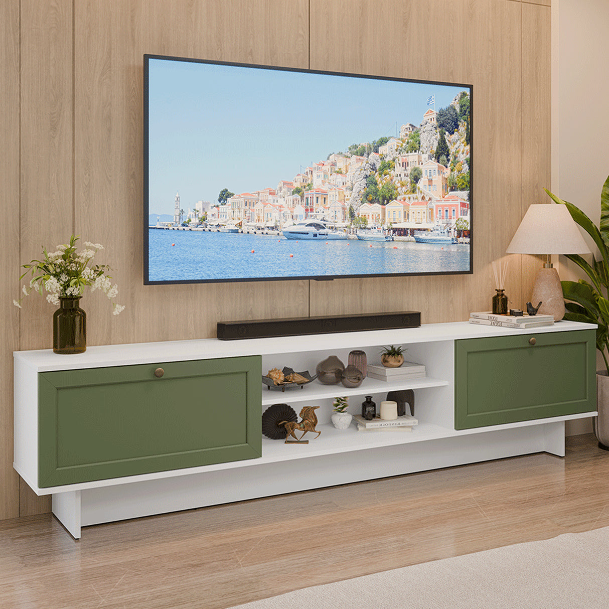 Rack de TV Vik Blanco y Verde 218x52cm para TV Hasta 80 Pulgadas con Cinco Cajones