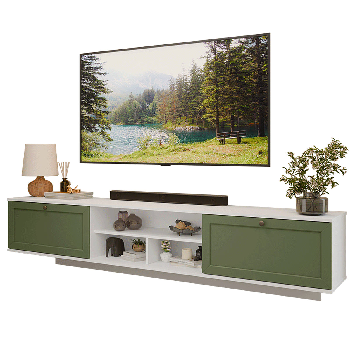 Rack de TV Vik Blanco y Verde 218x52cm para TV Hasta 80 Pulgadas Flotante con Cinco Cajones