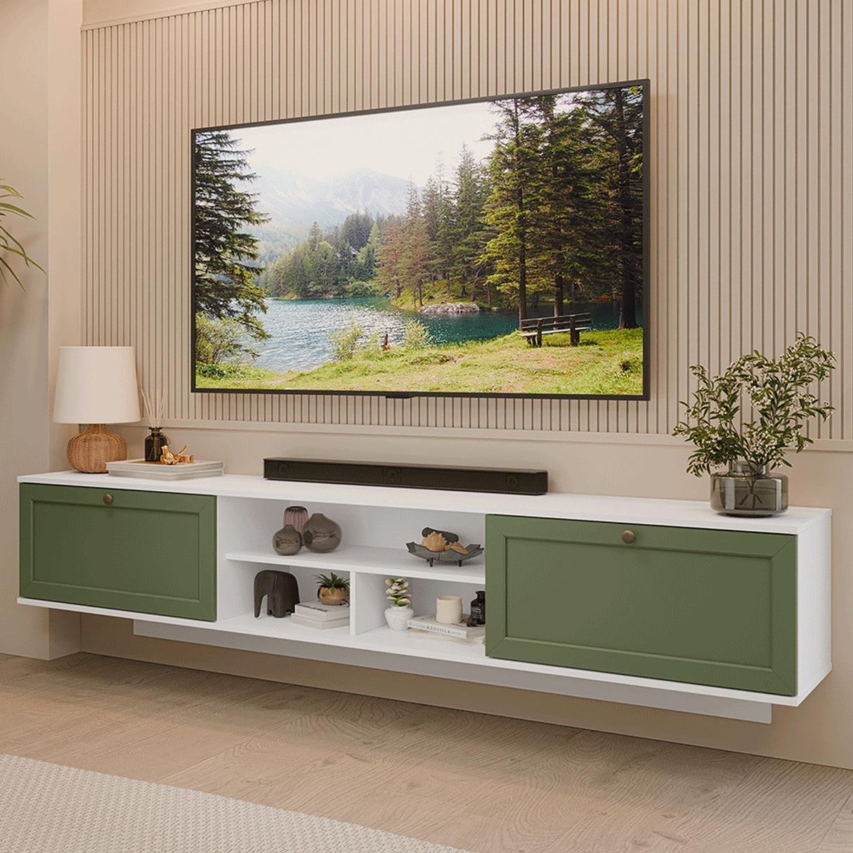 Rack de TV Vik Blanco y Verde 218x52cm para TV Hasta 80 Pulgadas Flotante con Cinco Cajones