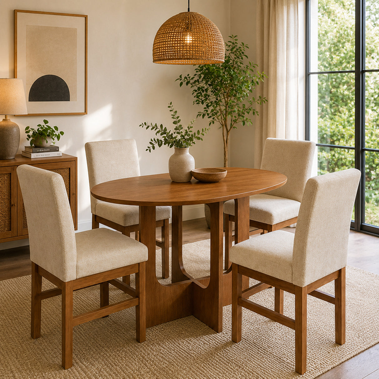 Comedor Rodas Cafe y Beige 100x78cm Ovalado De Cuatro Puestos con Cuatro Sillas