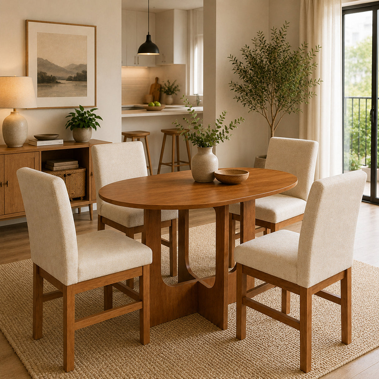 Comedor Rodas Cafe y Beige 100x78cm Ovalado De Cuatro Puestos con Cuatro Sillas