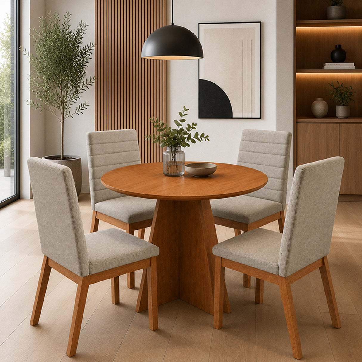 Comedor Lombok Cafe y Gris 90x78cm Circular De Cuatro Puestos con Cuatro Sillas