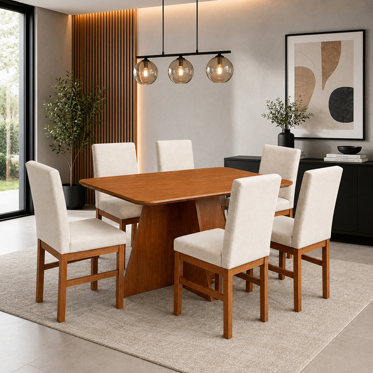 Comedor Sumatra Cafe y Beige 120x78cm Cuadrado De Seis Puestos con Seis Sillas