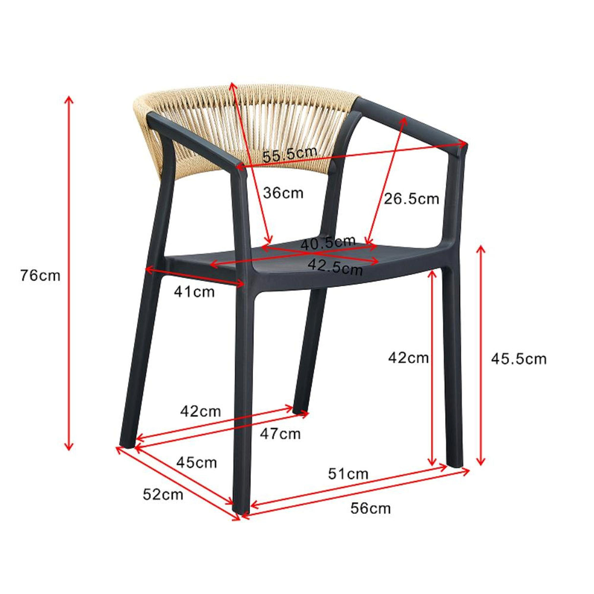 Silla para Exteriores Bali Negro 53x75.5cm Apilable con Apoya Brazos y con Espaldar