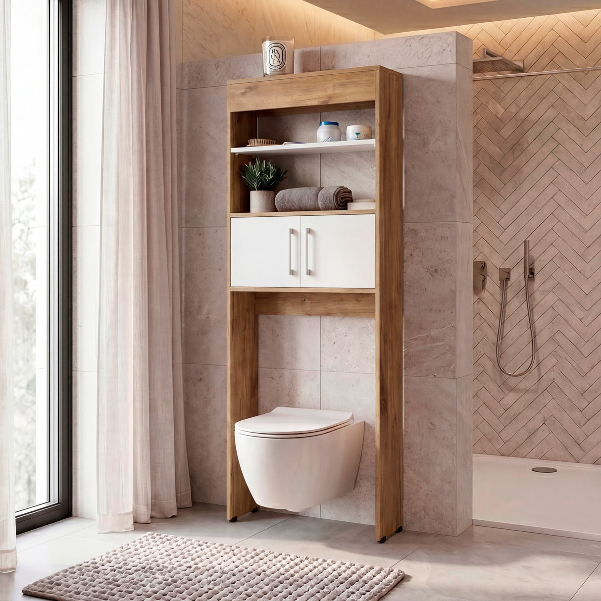 Ahorrador de Espacio para Baño Bath Fresno y Blanco 62.4x160cm con Un Entrepaño