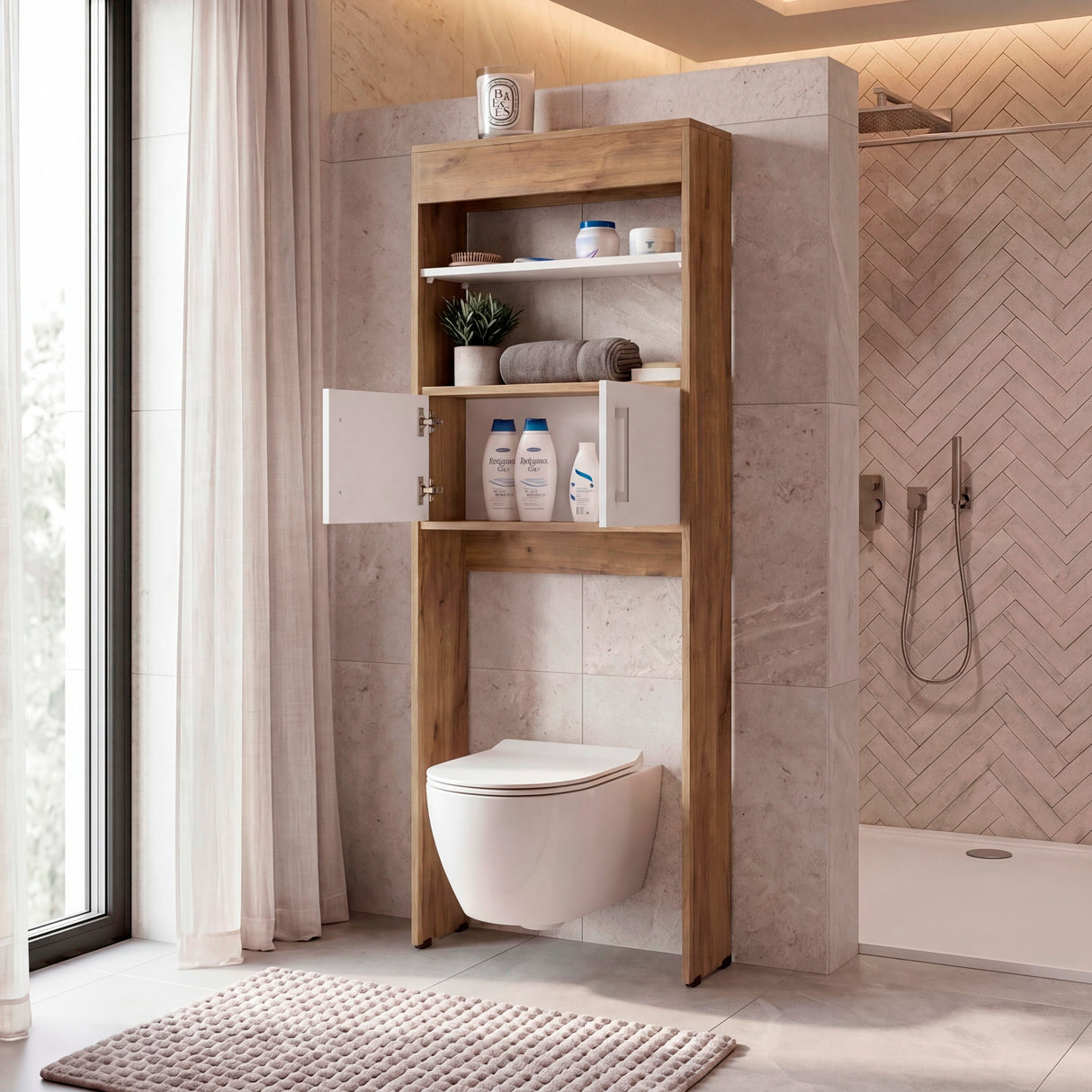 Ahorrador de Espacio para Baño Bath Fresno y Blanco 62.4x160cm con Un Entrepaño
