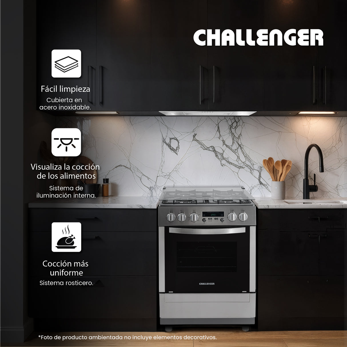 Estufa Challenger Kitchen Gourmet Gris 60x93cm para Gas Propano con Cuatro Quemadores y Un Horno Rosticero Grill