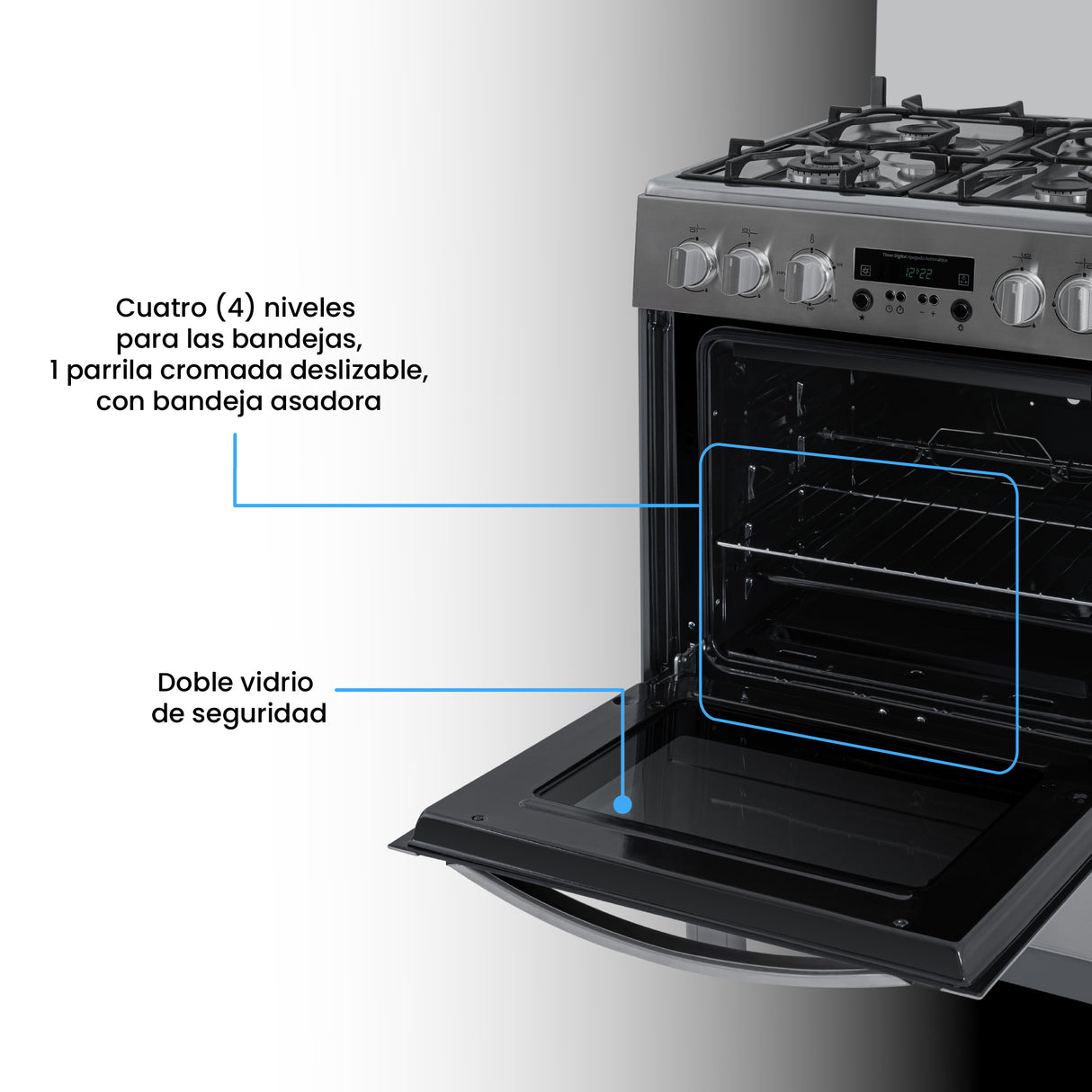Estufa Challenger Kitchen Gourmet Gris 60x93cm para Gas Propano con Cuatro Quemadores y Un Horno Rosticero Grill